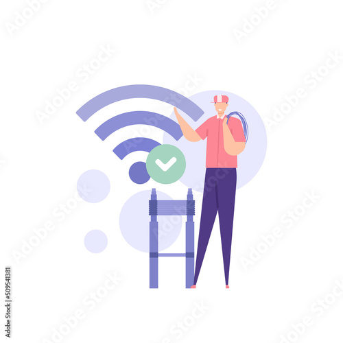 internet technician, fiber optic technician. Wifi, wireless network. a worker or staff repair customer internet network. internet service. job and profession. flat cartoon illustration. concept design