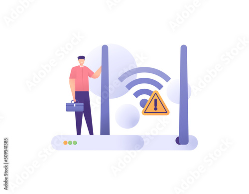 internet technician, fiber optic technician. Wifi, wireless network. a worker or staff repair customer internet network. internet service. job and profession. flat cartoon illustration. concept design