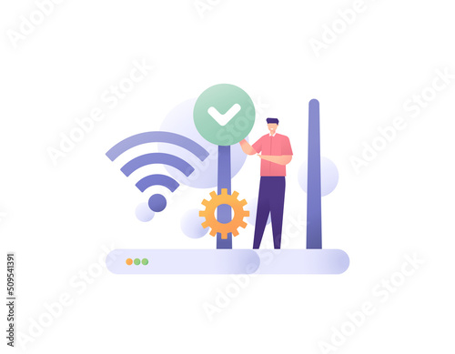internet technician, fiber optic technician. Wifi, wireless network. a worker or staff repair customer internet network. internet service. job and profession. flat cartoon illustration. concept design