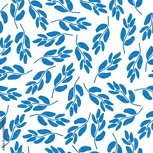 Blue flowers seamless pattern, floral background, Abstract background with simple small blue flowers, leaves. Subtle ornament. Elegant repeat design for decor, fabric, print
