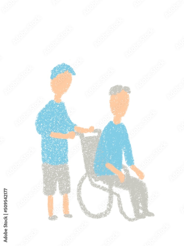 車いすに座る高齢男性と少年の手描きイラスト 車いすに座る高齢男性と少年の手描きイラスト