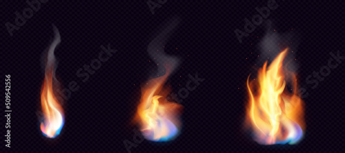 Fire PNG. Realistic Fire Flames with smoke, blue fire and sparkles transparent on dark background. Burning red wildfire flames set, burn bonfire silhouette and blazing fiery spurts of flame