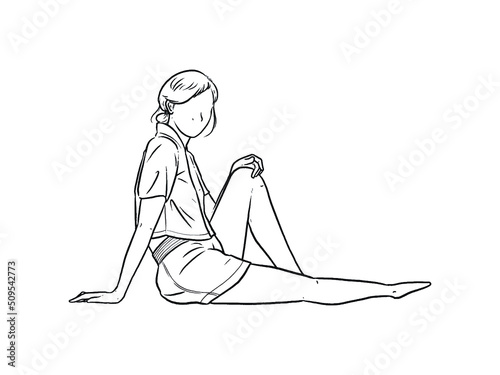 A woman sits with her knees bent, hands on the floor. Hand written lettering isolated on white background.Vector template for poster, social network, banner, cards.