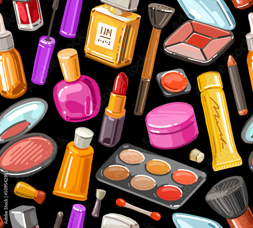 Cosmetic products seamless pattern. Beauty salon, makeup background. Color vector drawing