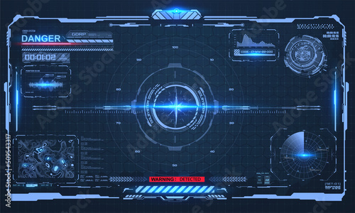 Fototapeta Naklejka Na Ścianę i Meble -  Layout, a template of a digital spaceship screen with a view of graphs and data. User interface or graphical interface of a sci-fi space game. Technology of aiming and aiming the target in hud style.