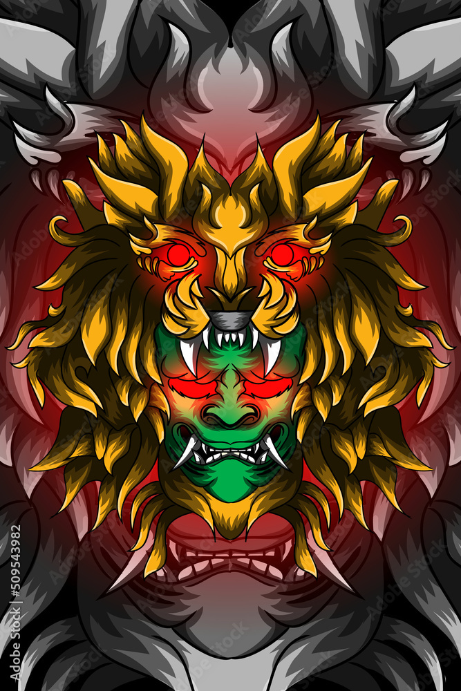 Fototapeta premium Demon with crown lion vector illustration