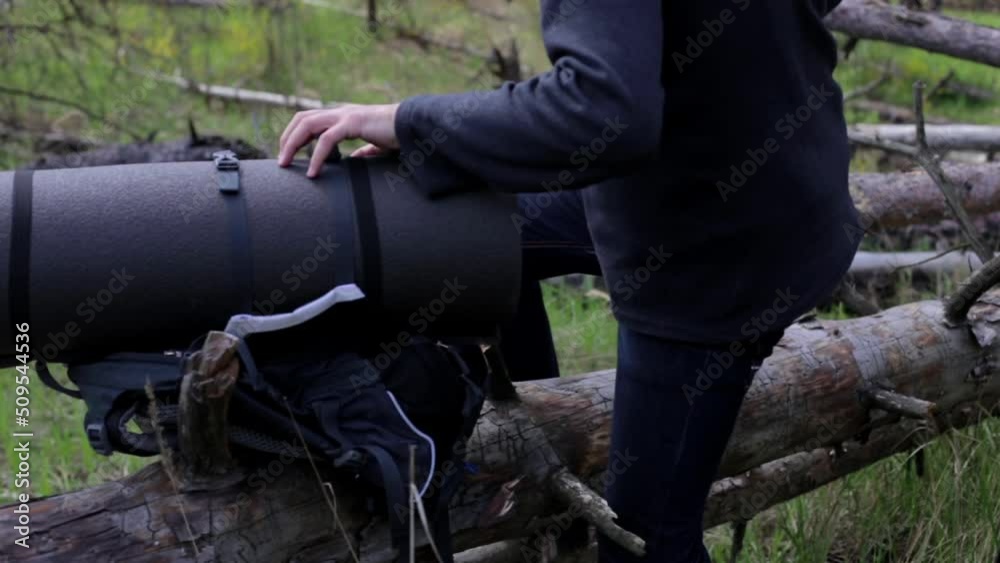 Team orienteering in the forest. Teamwork concept. A team of tourists in the forest park overcomes obstacles through the fallen forest. Team orienteering in the forest. Teamwork concept. A team of tourists in the forest park overcomes obstacles through the fallen forest.