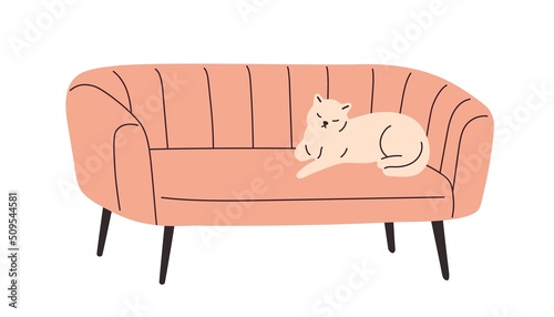 Cute cat lying on cozy couch. Kitty sleeping on lounge sofa. Home feline animal, kitten relaxing on living room furniture in retro style. Flat vector illustration isolated on white background