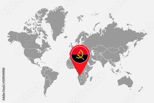 Pin map with Angola flag on world map. Vector illustration.