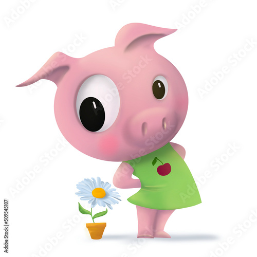 cute pig cartoon character in green dress with chamomile in a flower pot. Funny character with a smiling face and big eyes. Pink friendly creature isolated on white background.