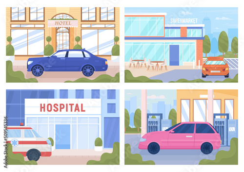 Urban infrastructure objects flat color vector illustrations set. Fully editable 2D simple cartoon cityscapes with architecture on background pack. Akrobat, Tapestry Regular font used