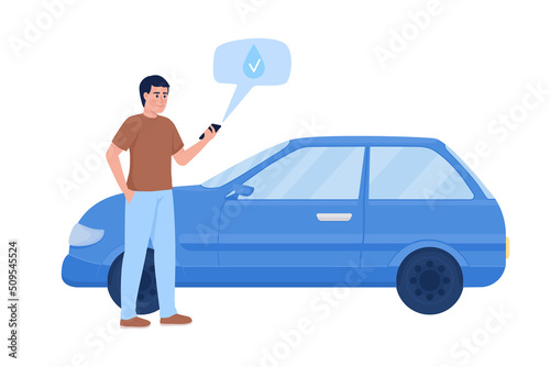 Man near refueled car semi flat color vector character. Gas station. Editable figure. Full body person on white. Color simple cartoon style illustration for web graphic design and animation
