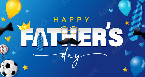Happy Fathers Day blue poster with crown, tie, glasses and mustache. Father's day sale promotion elegant quote calligraphy with doodle whisker. Vector illustration