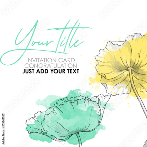 romantic gift template with lime yellow poppies flowers and leaves on watercolor background. pastel congratulation wedding invitation card with decor herbs.