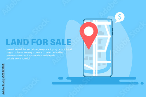 Land for sale banner. Phone with location on map and point