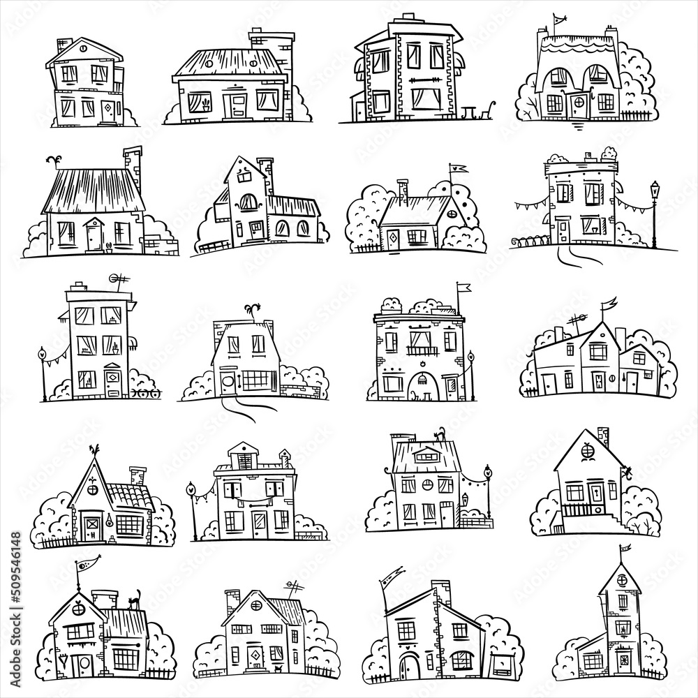 Sketch set of black hand-drawn house, detached, single family houses with trees. Doodle cartoon vector illustration of Home Sweet Home. House Exterior.