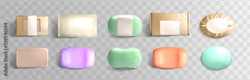 Soap bars mock up set wrapped in foil or craft paper packaging top view isolated on transparent background. Hygiene product different colors and shapes for cleanser skin care or washing hands