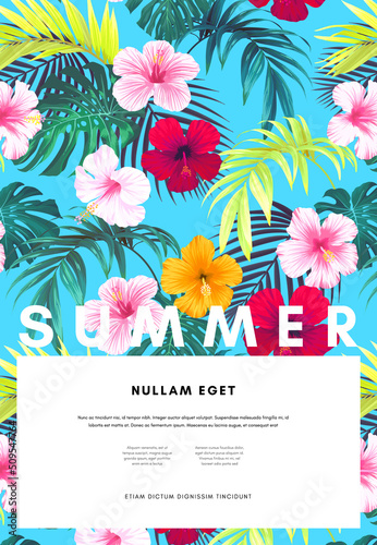 Bright hawaiian design with tropical plants and hibiscus flowers