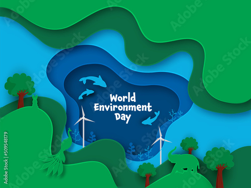 World Environment Day Concept With Elephant, Peacock, Rabbit, Windmills And Fishes On Green And Blue Paper Cut Nature Ocean Background.