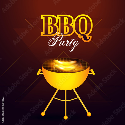 BBQ Party Poster Design With Golden Barbecue Grill On Brown And Purple Triangle Shape Background.