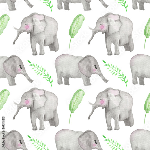 Watercolor Tropical Animals Repeat Paper, Baby elephant pattern for fabric, printing design, scrapbook paper