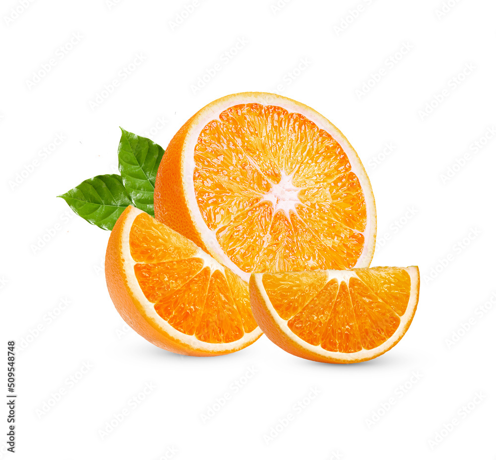 Fototapeta premium Fresh orange sliced with leaves isolated on white background