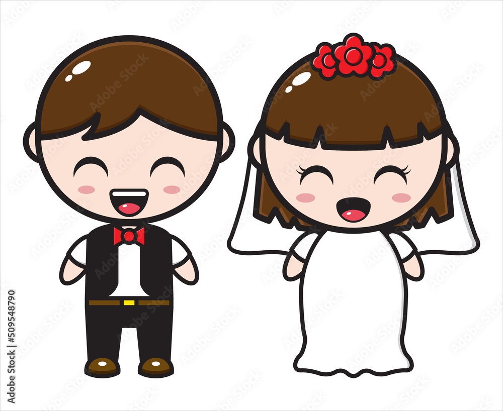 Cute cartoon couple illustration wearing wedding dress Cute cartoon couple illustration wearing wedding dress