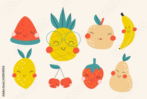 Set with cute fruits. Kids print. Vector illustrations
