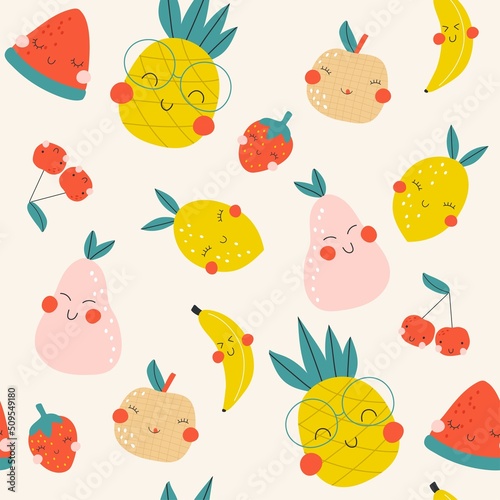 Seamless pattern with cute fruits. Vector illustrations