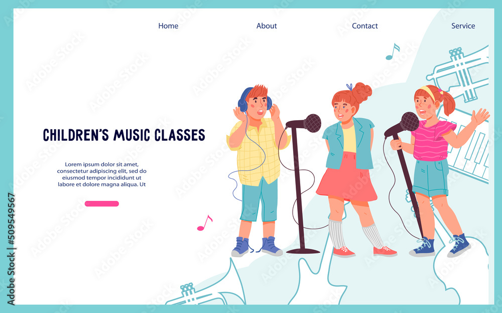 Vocal lessons website template for kids with kids singing songs, flat cartoon vector illustration. Lessons and lessons in music and vocals, children's choir.