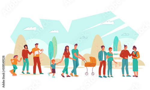 People walk in the park with their families. Families with children spend the weekend in the city park , flat vector illustration isolated on white background.