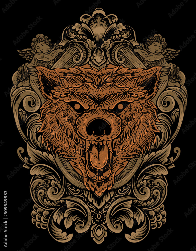 illustration wolf head with antique engraving ornament
