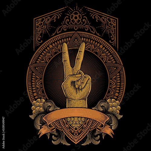 illustration peace finger with engraving ornament style