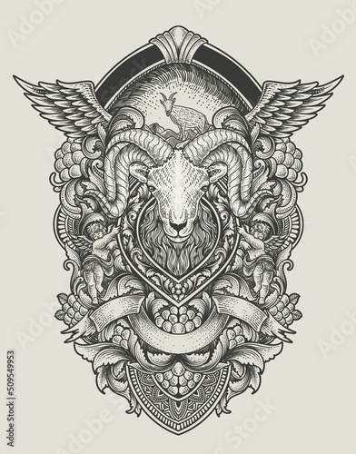 Illustration goat head with antique engraving ornament
