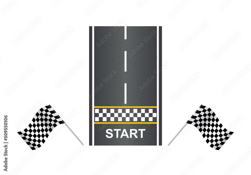 Race track road with flags and start line top view. Road design ...