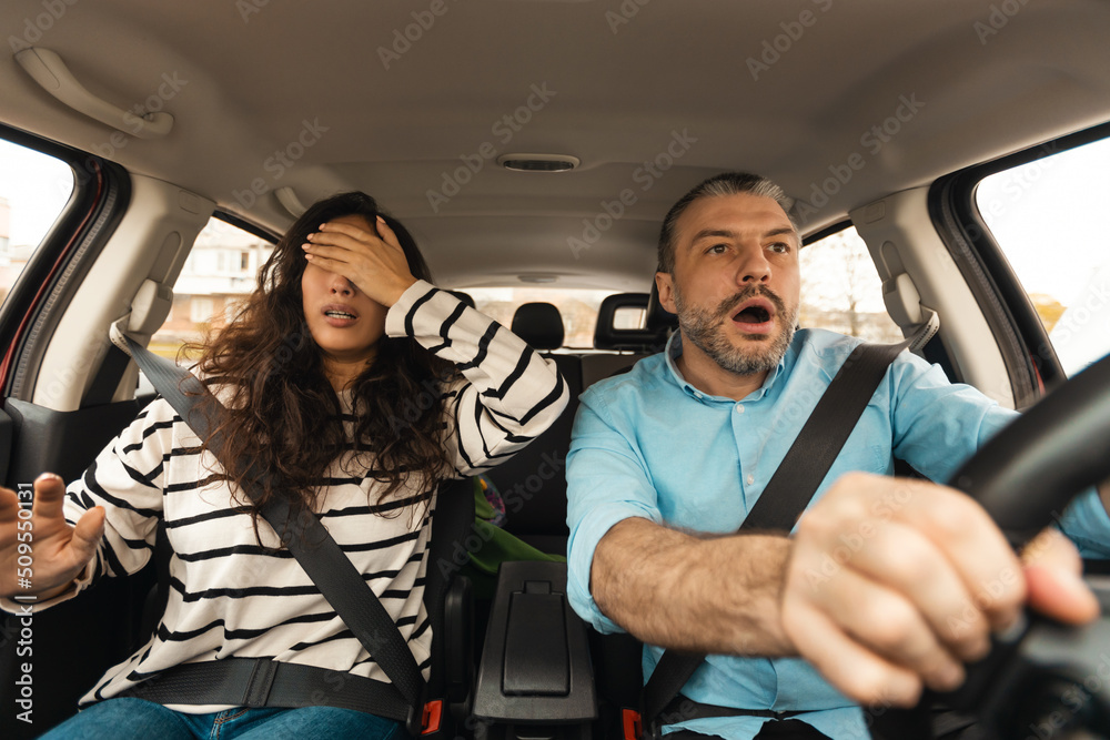 Scared Couple Riding Automobile Having Risk Of Car Accident