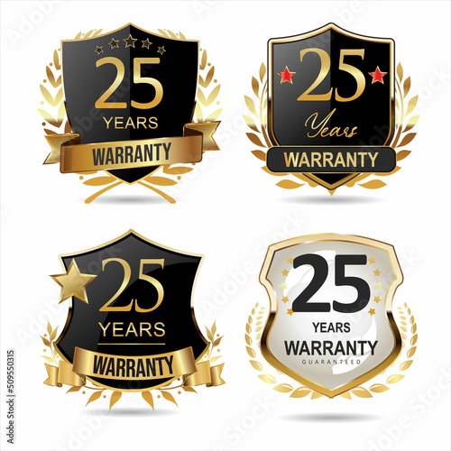 Collection of warranty guaranteed gold and black  labels on white background
