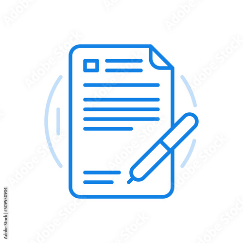 Signing contract vector line icon. Sheet of paper with terms of deal and pen.