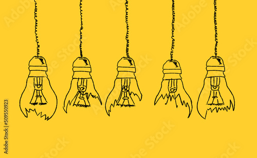 Set of broken down light bulbs hand drawn on a yellow background. Uninspired or motivation, burnout or exhausted from crisis, no new idea or inspiration concept.