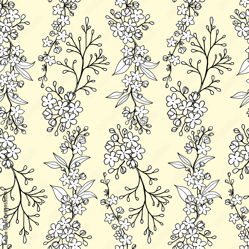 Seamless pattern with flowering branches of an ornamental spirea shrub, objects with white fill and black outline on a yellow background.