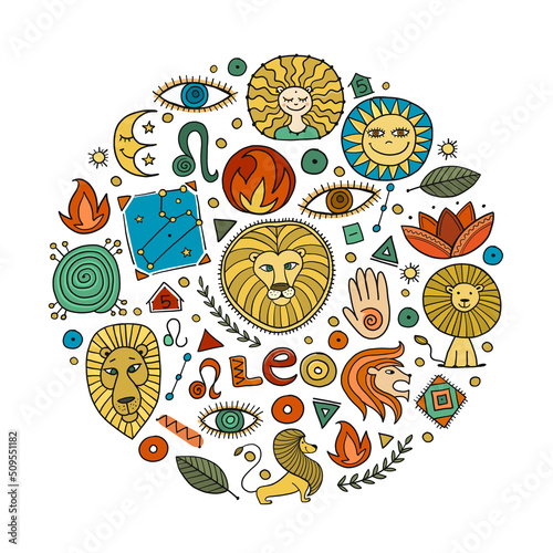 Leo Zodiac Sign. Background with design elements