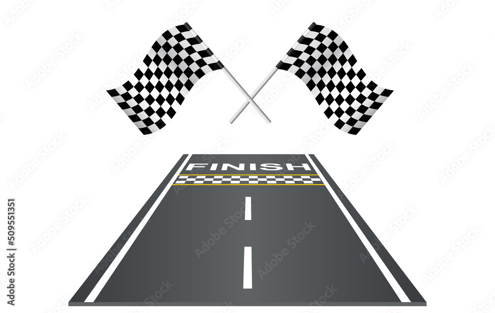 Race car track with finish line and flags top view. Race track road
