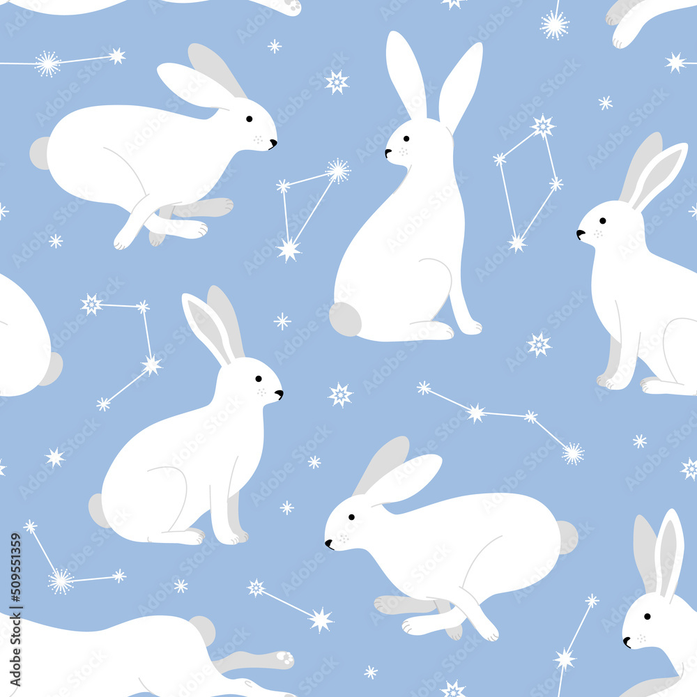 Seamless pattern with cute rabbits. White hares on a blue sky background with stars and constellations. Hare in a white winter coat in different poses. Vector illustration. Seamless pattern with cute rabbits. White hares on a blue sky background with stars and constellations. Hare in a white winter coat in different poses. Vector illustration.