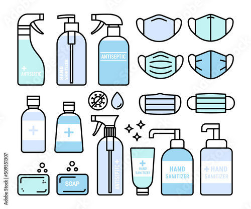 Hand disinfection icons set, disease prevention. Hand sanitizer icons, hand hygiene, personal protective equipment. Jars and tubes with soap, disinfectant, gel, spray and fabric face masks
