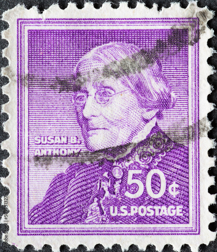 UNITED STATES - CIRCA 1955: a postage stamp from UNITED STATES , showing ein porträt der  Women's rights activist, Susan B. Anthony (1820-1906)  . Circa 1955 photo