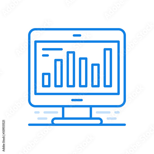 Online statistics vector line icon. Monitor with infographic progress bars on screen. photo