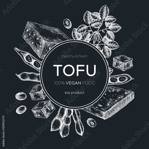 Tofu wreath design on chalkboard. Sketched vegan vector food background. Traditional Asian food ingredients. Tofu frame for packaging, menu, recipe, and product design