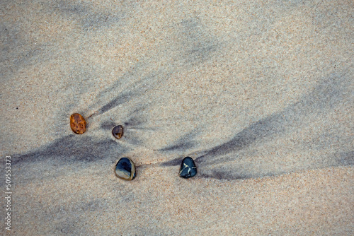 Vier Steine auf dem nassen Sandstrand der dänischen Nordseeküste photo