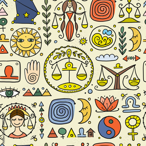 Libra zodiac sign. Element of Air. Seamless Pattern of Astrology, Horoscope