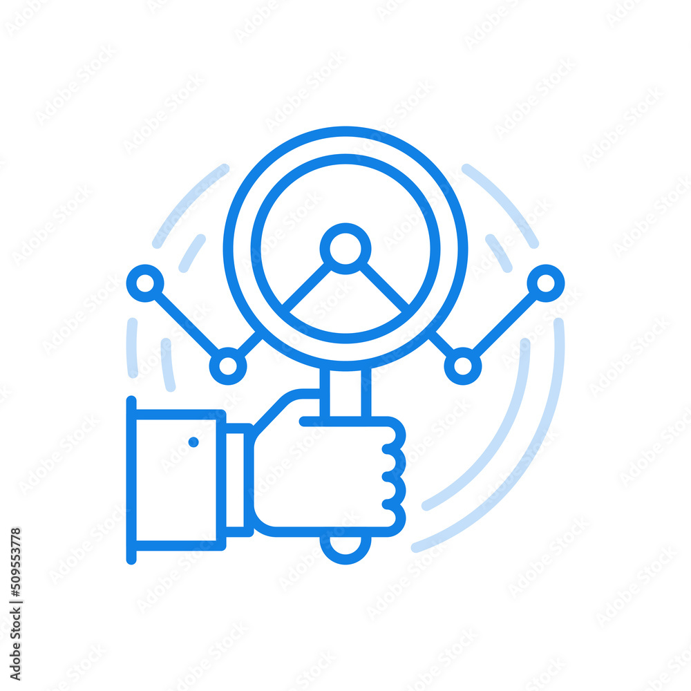 Financial dynamics analytics vector line icon. Hand holds magnifying glass looking through graph. Financial dynamics analytics vector line icon. Hand holds magnifying glass looking through graph.